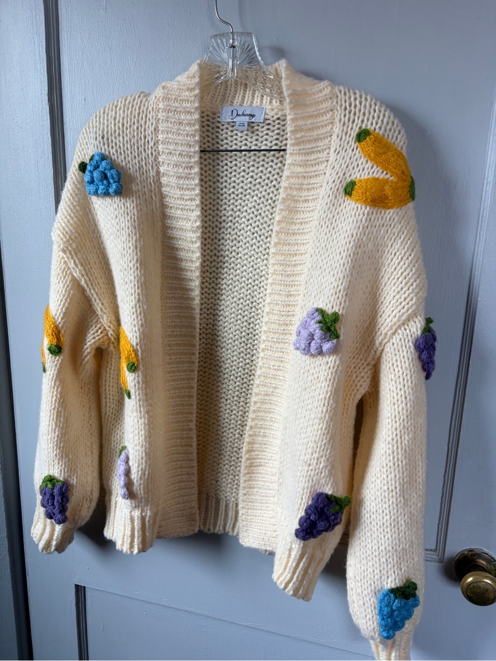 Duchamp/Anthropologie Cream Hand-Knit Fruit Appliqué Cardigan